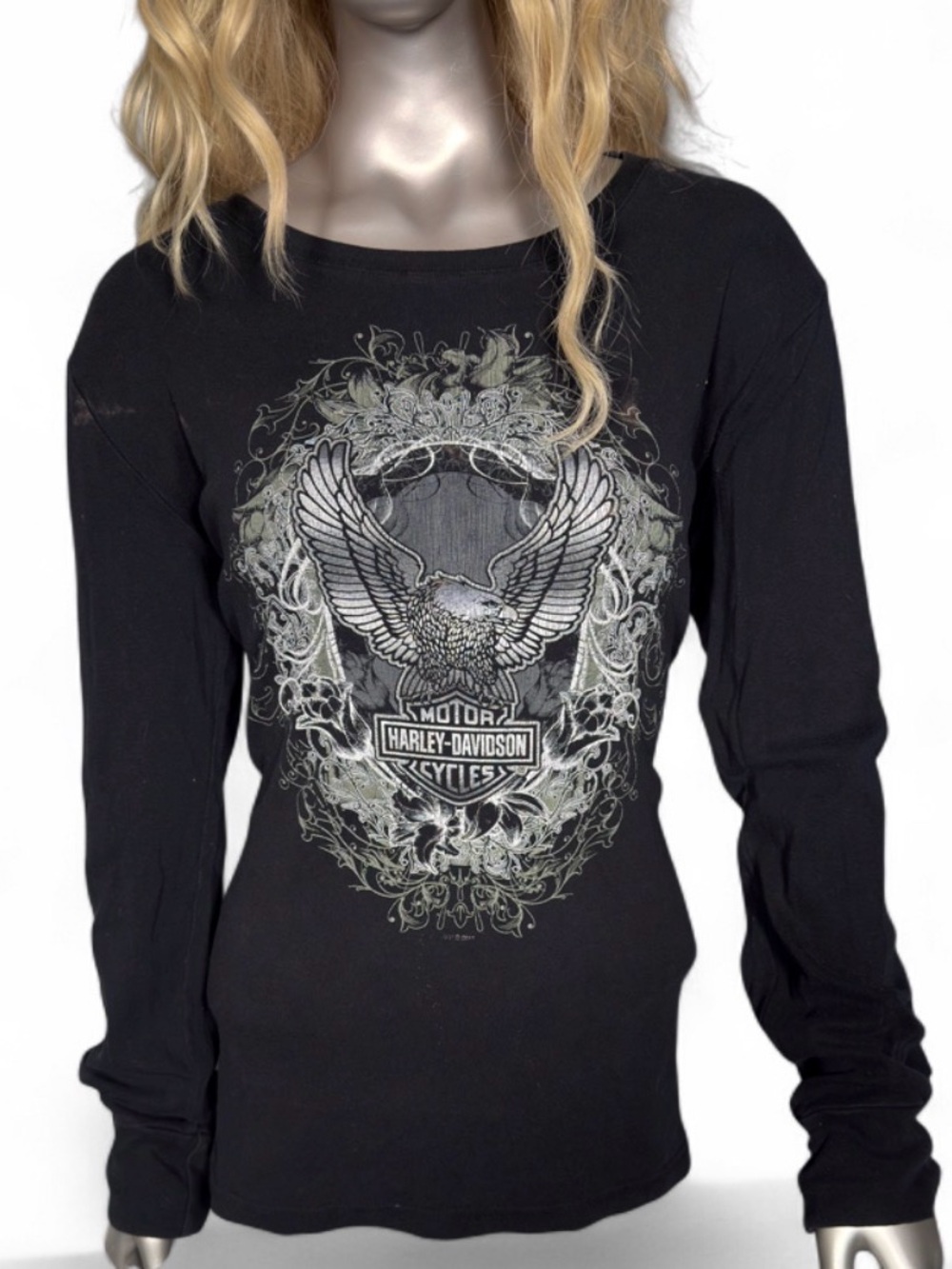 2011 Harley-Davidson Long Sleeve Shirt Size L Black Eagle Graphic Distressed